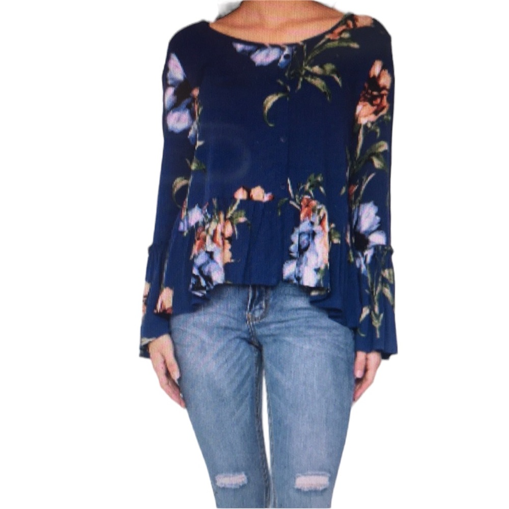 Navy Floral Button Down BoHo Blouse - Picture 4 of 7